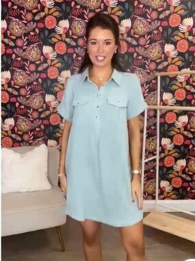Cotton Gauze button up light blue green Short Sleeve Shift Dress - NWT